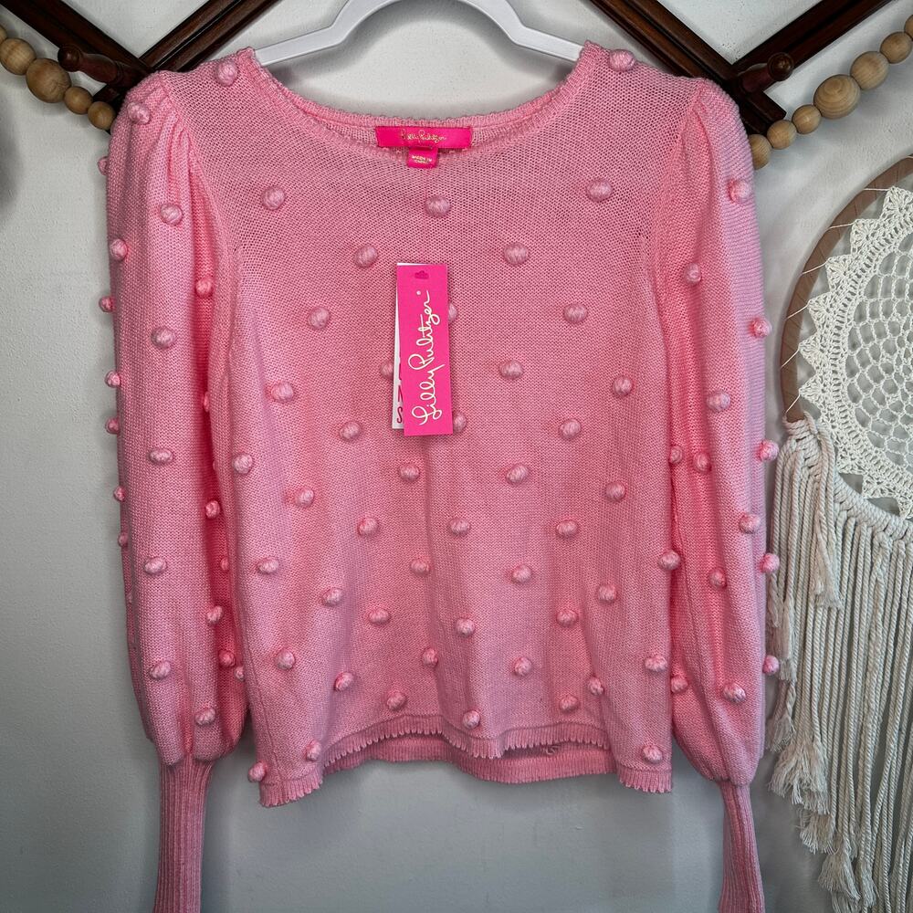 NEW Lilly Pulitzer Kippa Pink Blossom Pom Embellished Puff Sleeve Sweater